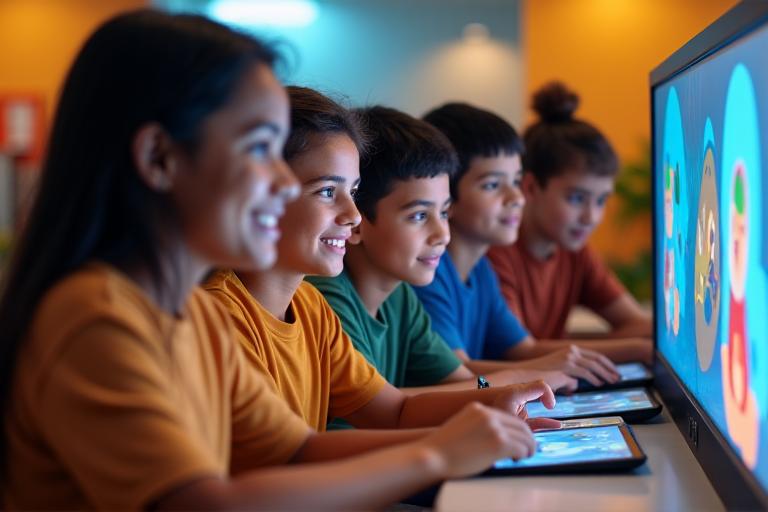 Jóvenes aprendiendo en centro comunitario de Bogotá con juegos educativos interactivos