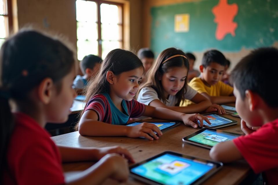 Estudiantes de escuela rural colombiana utilizando juegos educativos accesibles